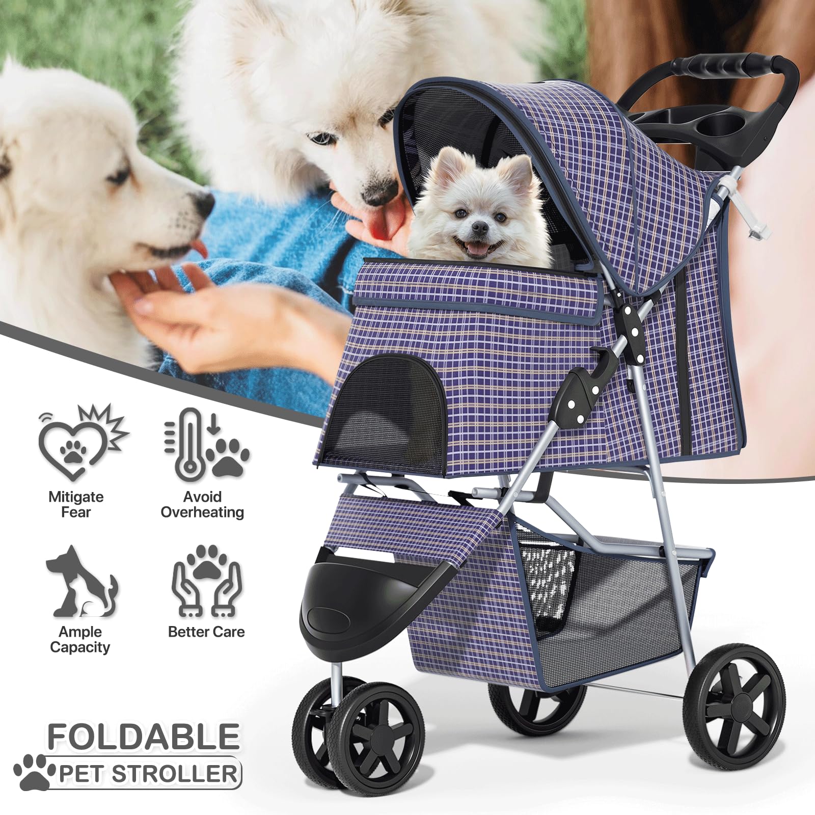 3 Wheels Pet Dog Cat Stroller for Small Medium Dogs Cats, Lightweight Foldable Jogger Stroller w/Storage Basket and Cup Holder, Plaid
