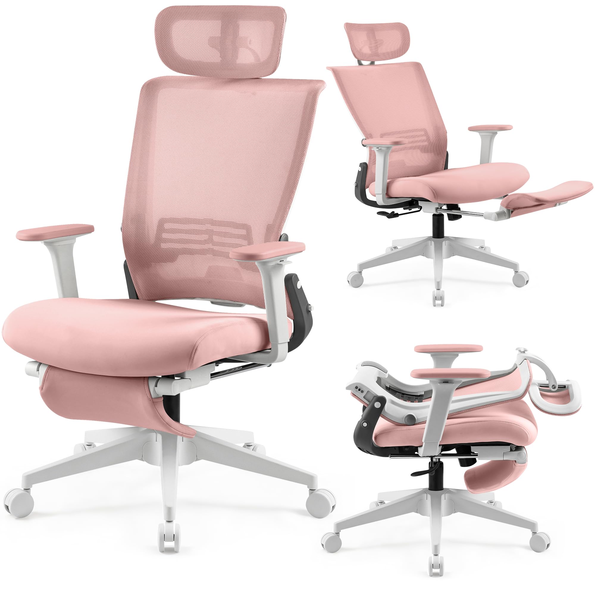 Foldable Office Chair with Foot Rest, Ergonomic Office Chair with Adjustable Lumbar Support, Headrest, Armrest, Home Office Desk Chair for Space Saving, Work from Home, Pink
