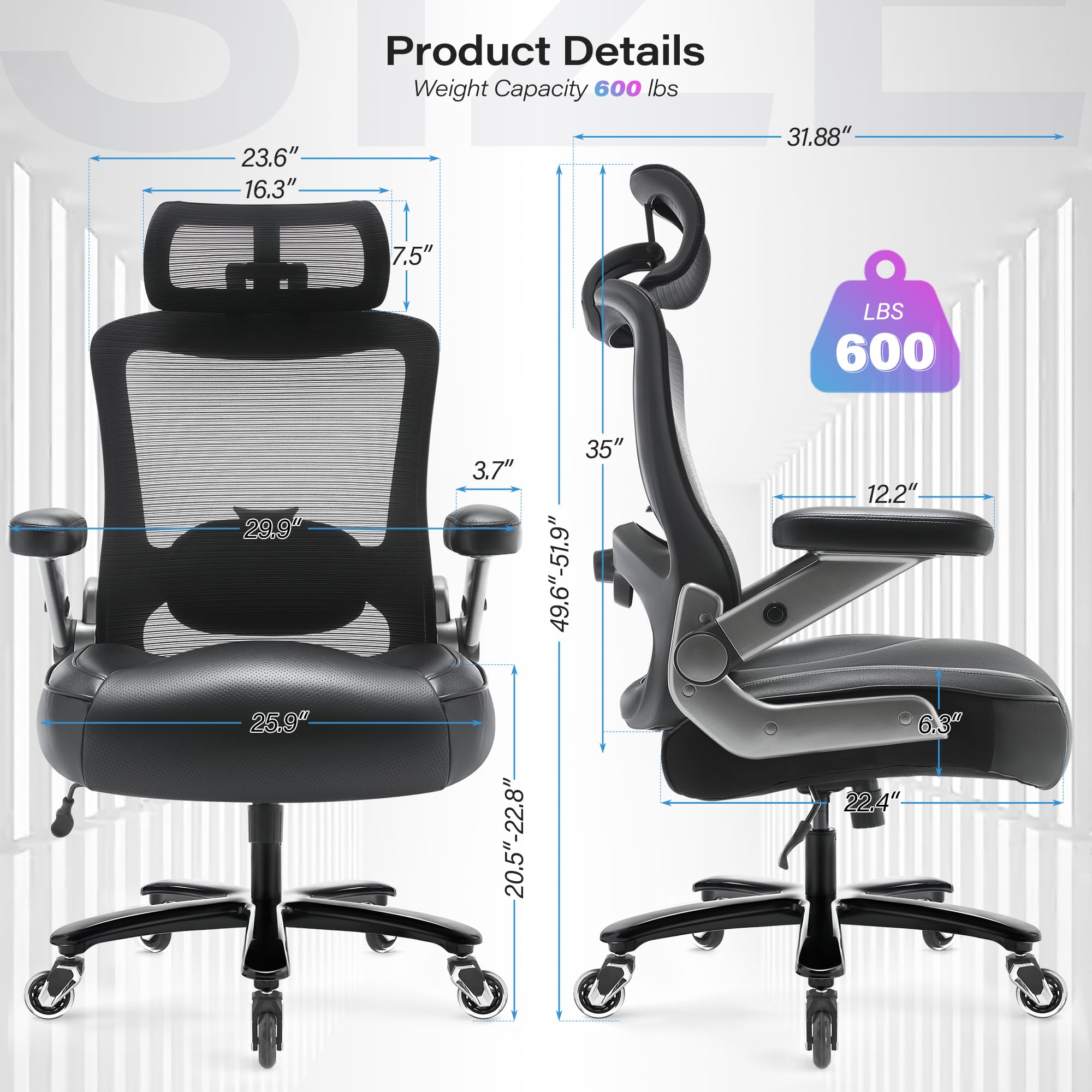 Big and Tall Office Chair 600lbs, Heavy Duty Executive Computer Desk Chair