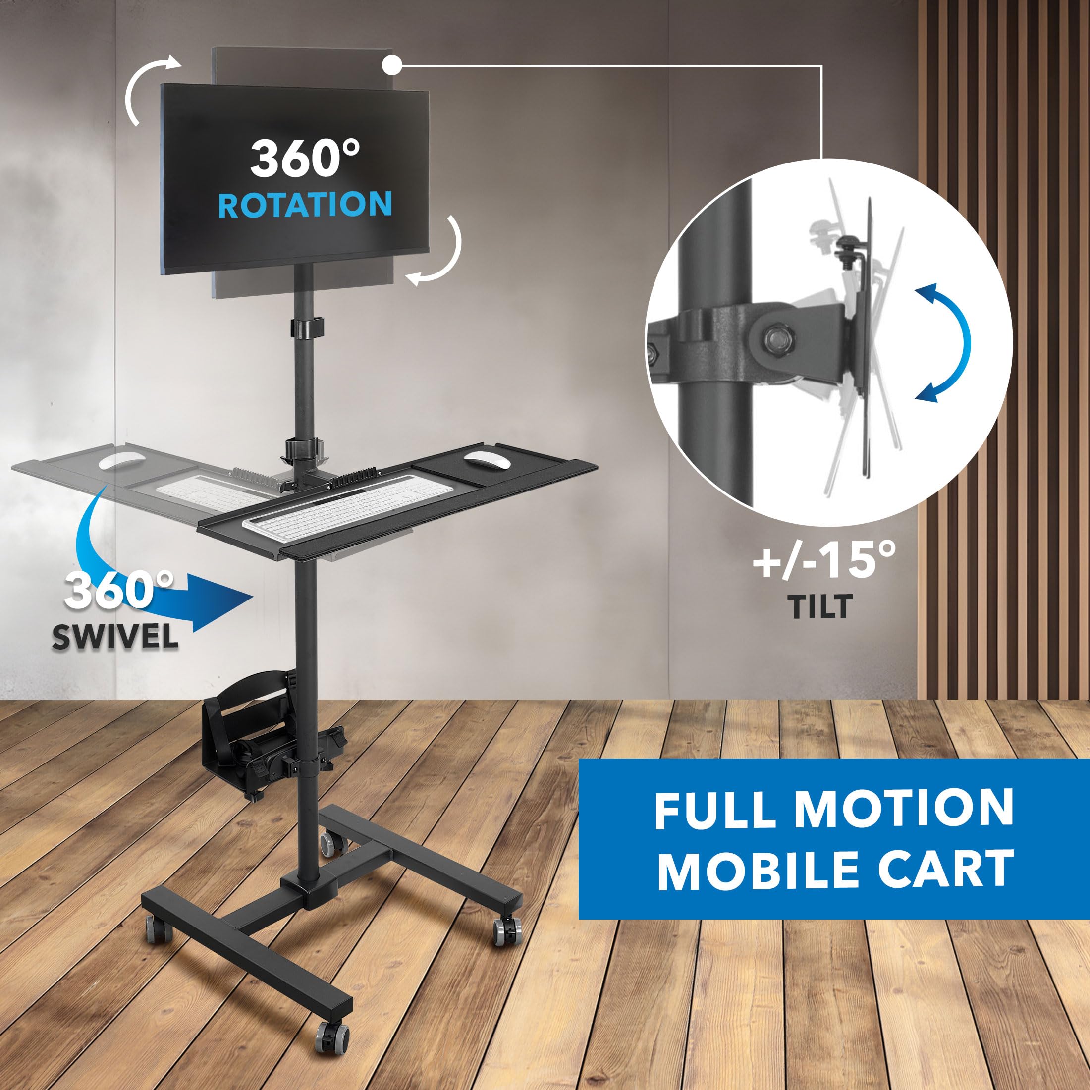 Rolling Computer Cart on Wheels, Mobile Desk Workstation with Monitor Mount for up to 32" Screen, Full Keyboard Tray, Floating Adjustable CPU Holder, Standing up to 70" Tall