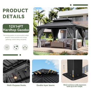 12' X 14' Hardtop Gazebo with Drainage System, Aluminum Outdoor Gazebo with Galvanized Steel Double Roof, Patio Permanent Metal Pavilion with Curtain and Netting, for Backyard, Deck, Grey