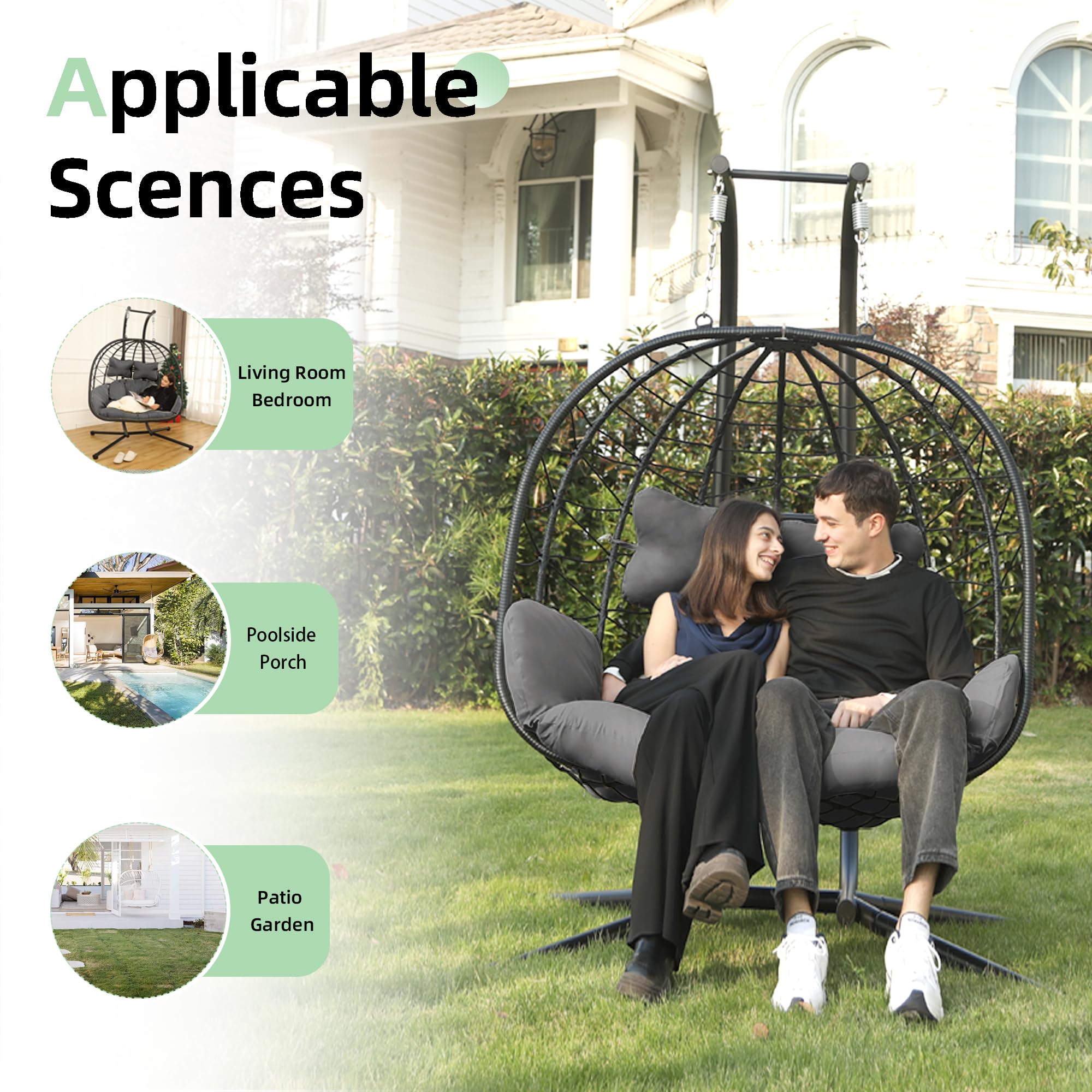 Double Egg Chair with Stand Hammock Swing Chair Foldable Hanging Loveseat, UV Resistant Removable Cushions, 700LBS Capacity for Bedroom, Balcony, Garden(BK-GR)