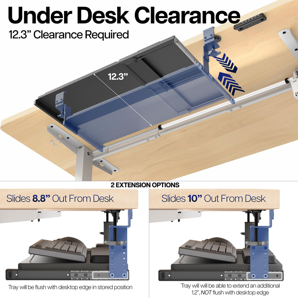 Large Height and Width Adjustable Under Desk Keyboard Tray, C-clamp Mount System, 22.5” to 30” (28.5” to 36” Including Clamps) x 11 inch Slide-Out Platform for Typing, Black, Mount-KBST1