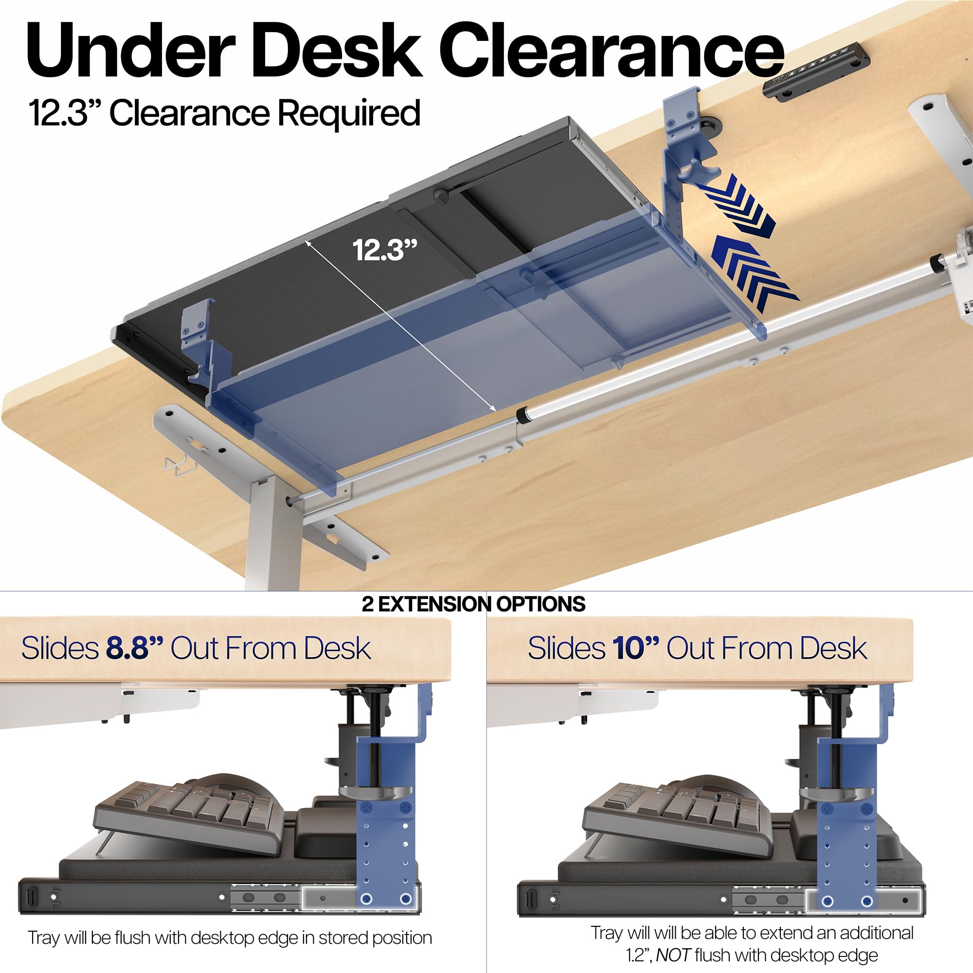 Large Height and Width Adjustable Under Desk Keyboard Tray, C-clamp Mount System, 22.5” to 30” (28.5” to 36” Including Clamps) x 11 inch Slide-Out Platform for Typing, Black, Mount-KBST1