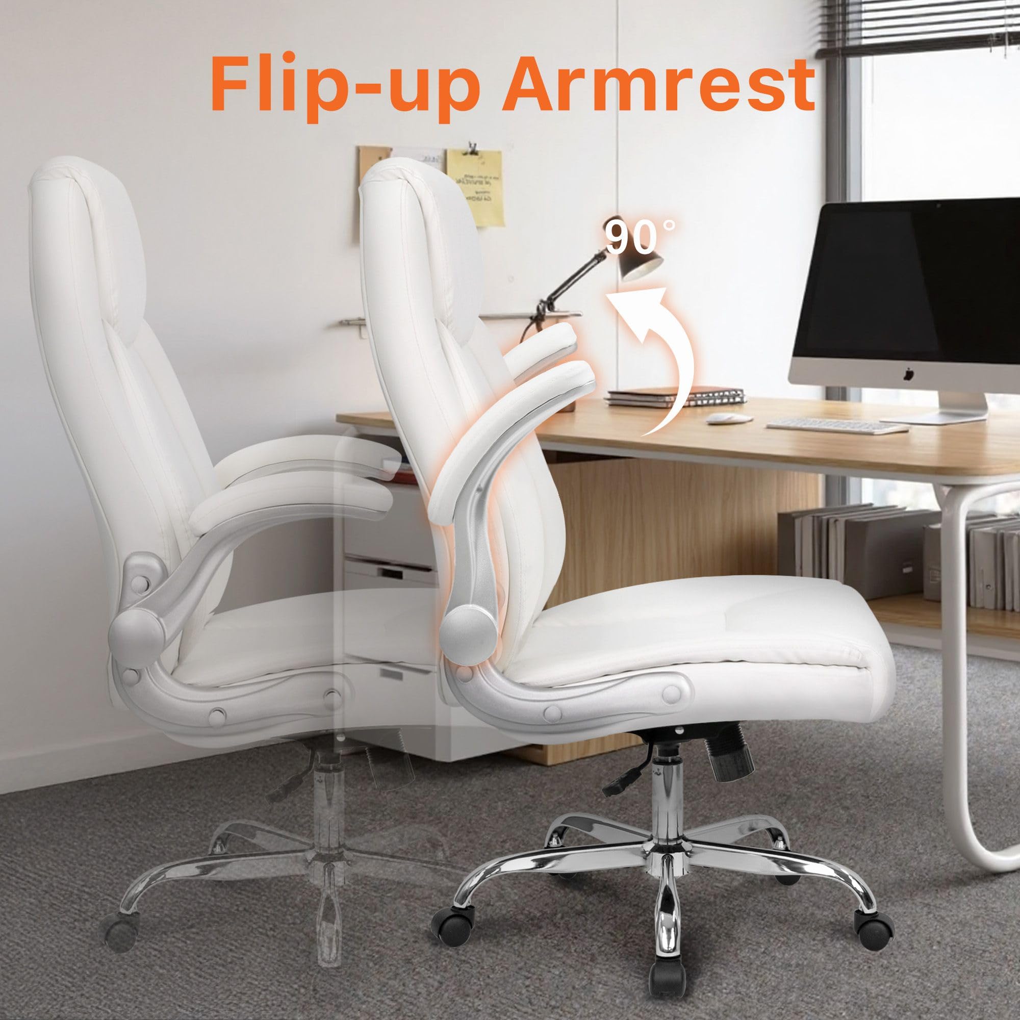 Office Desk Gaming Computer Home Chair Ergonomic Executive High Back Support Flip-up Arms Adjustable Height Swivel Rolling Wheels Comfy PU Leather (White)
