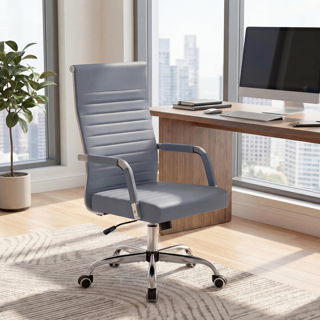 Ergonomic Office Desk Chair, Executive Ribbed Mid-Back PU Leather Conference Room Chair Adjustable Swivel Chair with Arms (2, Grey)