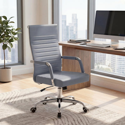Ergonomic Office Desk Chair, Executive Ribbed Mid-Back PU Leather Conference Room Chair Adjustable Swivel Chair with Arms (2, Grey)