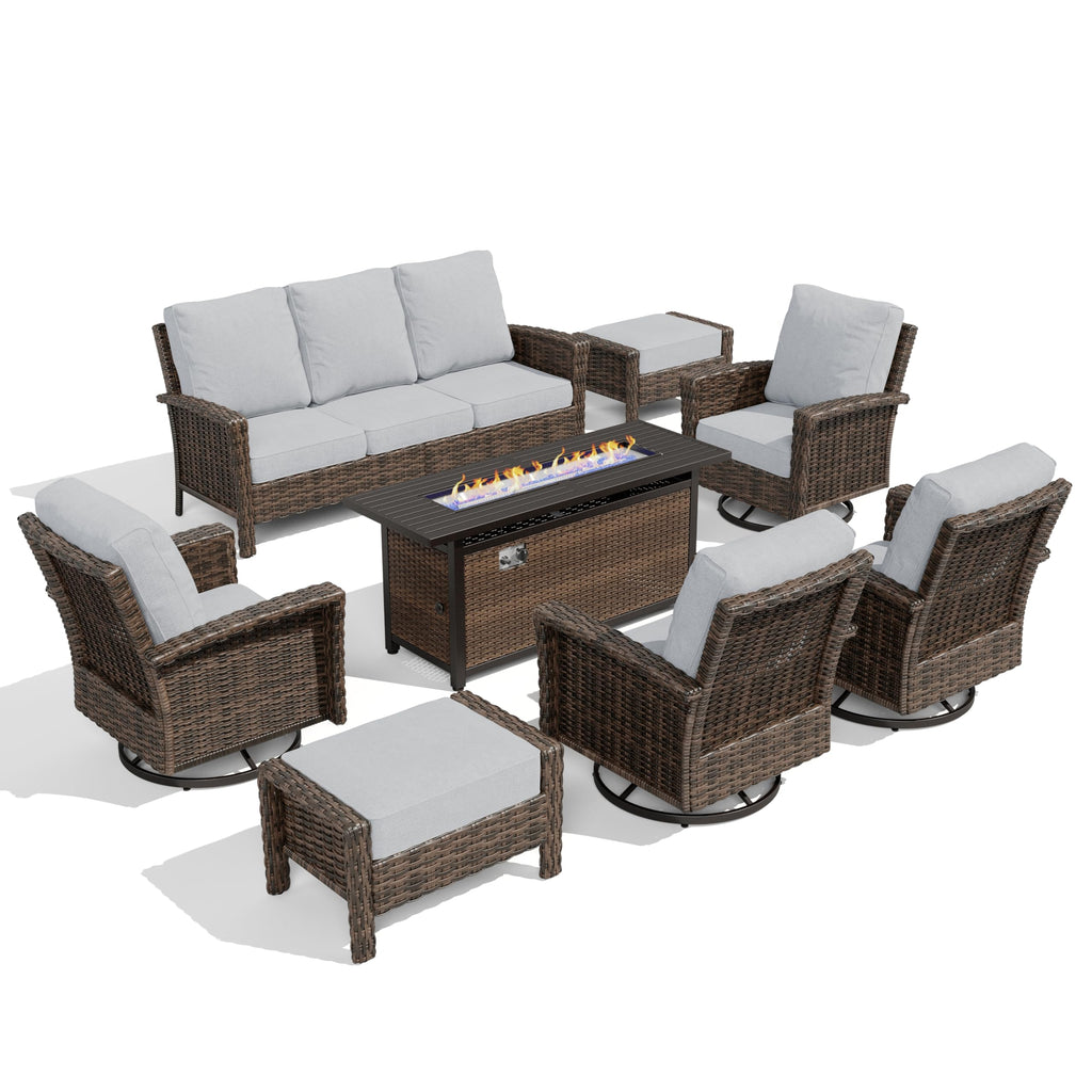 8-Piece Outdoor Furniture Set with Fire Pit Table, Patio Conversation Set with 5.5" Thick Cushions & High Back Swivel Chairs, All-Weather Wicker Deep Seating Sofa with Ottomans, Grey
