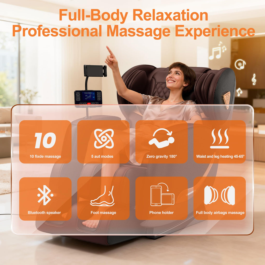 Upgraded Massage Chair Full Body, Zero Gravity Recliner with Heat, 10 Fix Points, Bluetooth, Touch Screen, Footrest, Shiatsu Massage Chair for Parents, Seniors & Easy Assembly - Brown