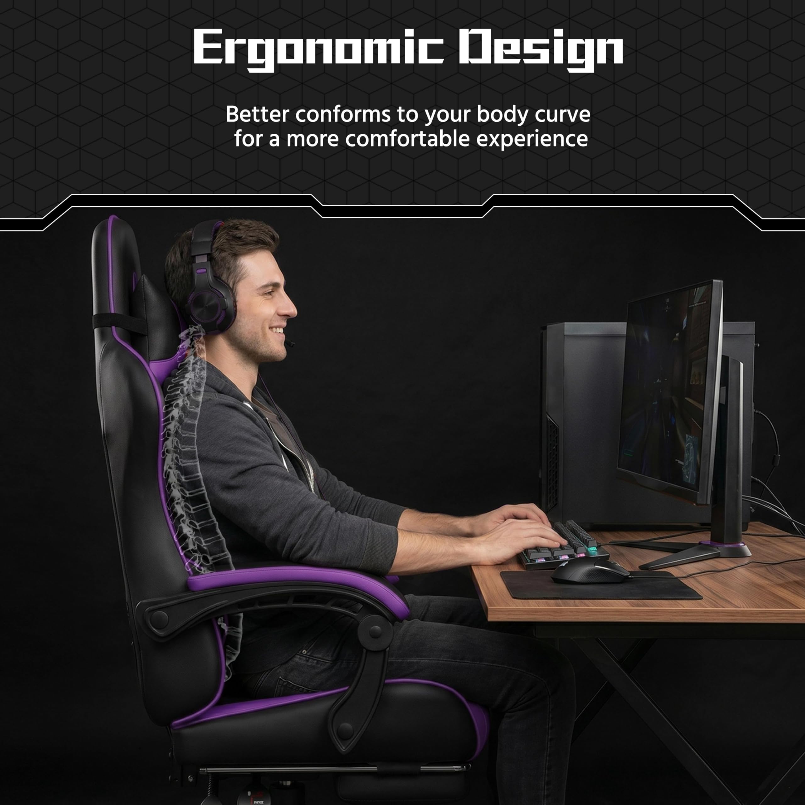 Gaming Chair, Video Game Chair with Massage Lumbar Support and Footrest Height Adjustable Ergonomic Computer Chair with Swivel Seat and Headrest Black/Purple
