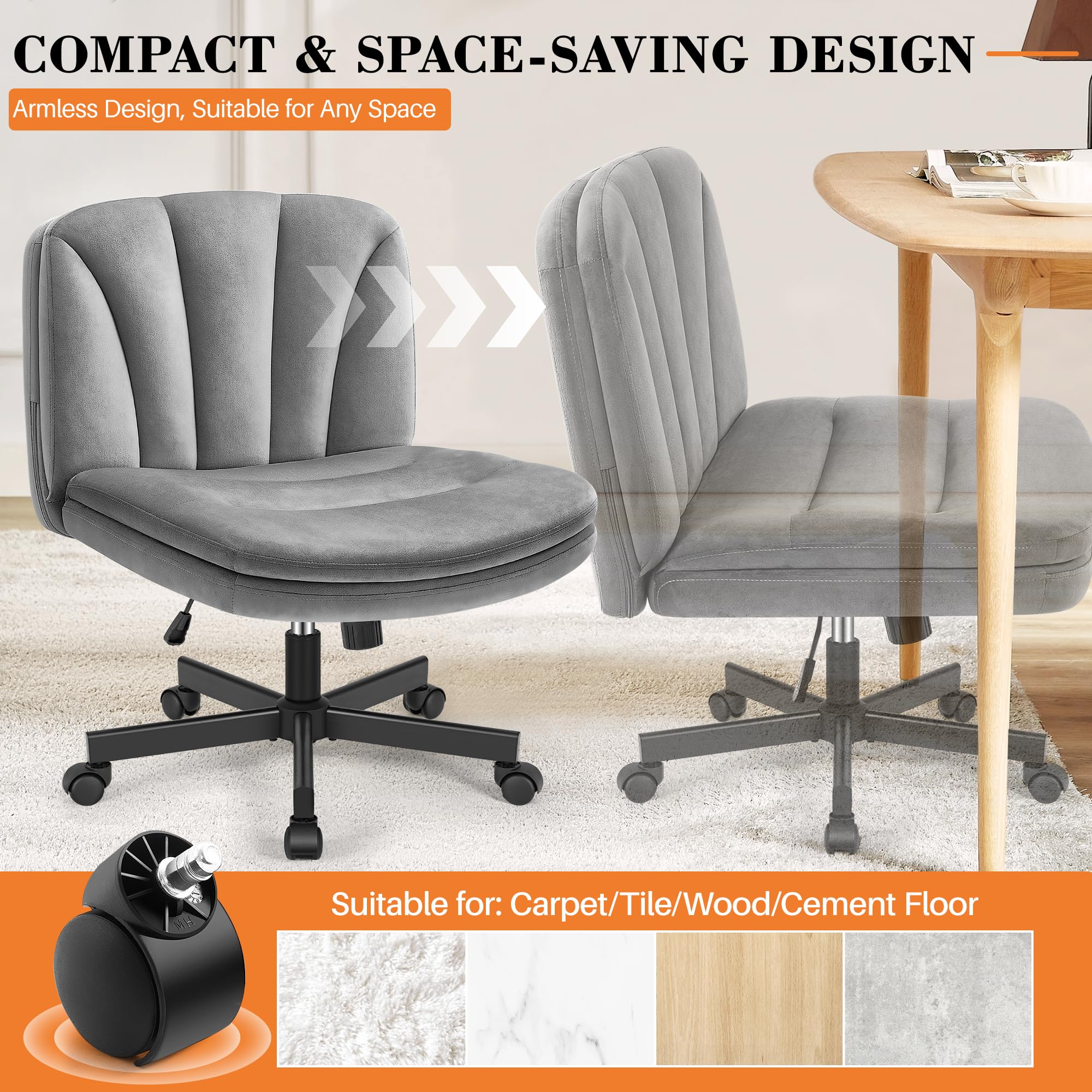 Criss Cross Chair with Wheels, Cross Legged Office Chair, Armless Wide Vanity Desk Chair with 2 Layer Comfty Velvet & Back - Swivel for Home Office Bedroom, Velvet Gray