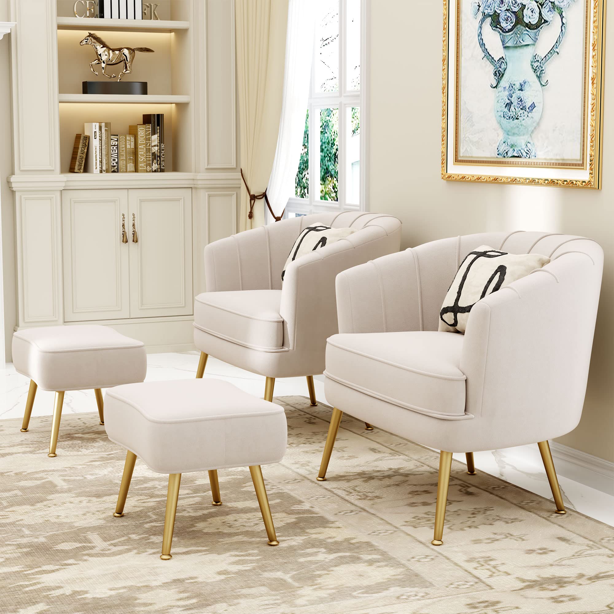 Velvet Accent Chair with Ottoman, Upholstered Modern Single Sofa Side Chair,Comfy Barrel Club Living Room Armchair with Golden Metal Legs for Bedroom Living Reading Room Office, Beige