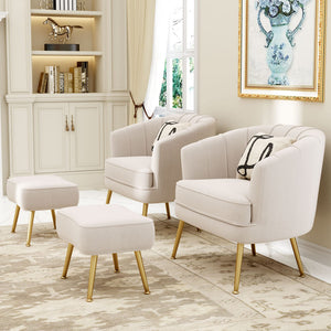 Velvet Accent Chair with Ottoman, Upholstered Modern Single Sofa Side Chair,Comfy Barrel Club Living Room Armchair with Golden Metal Legs for Bedroom Living Reading Room Office, Beige