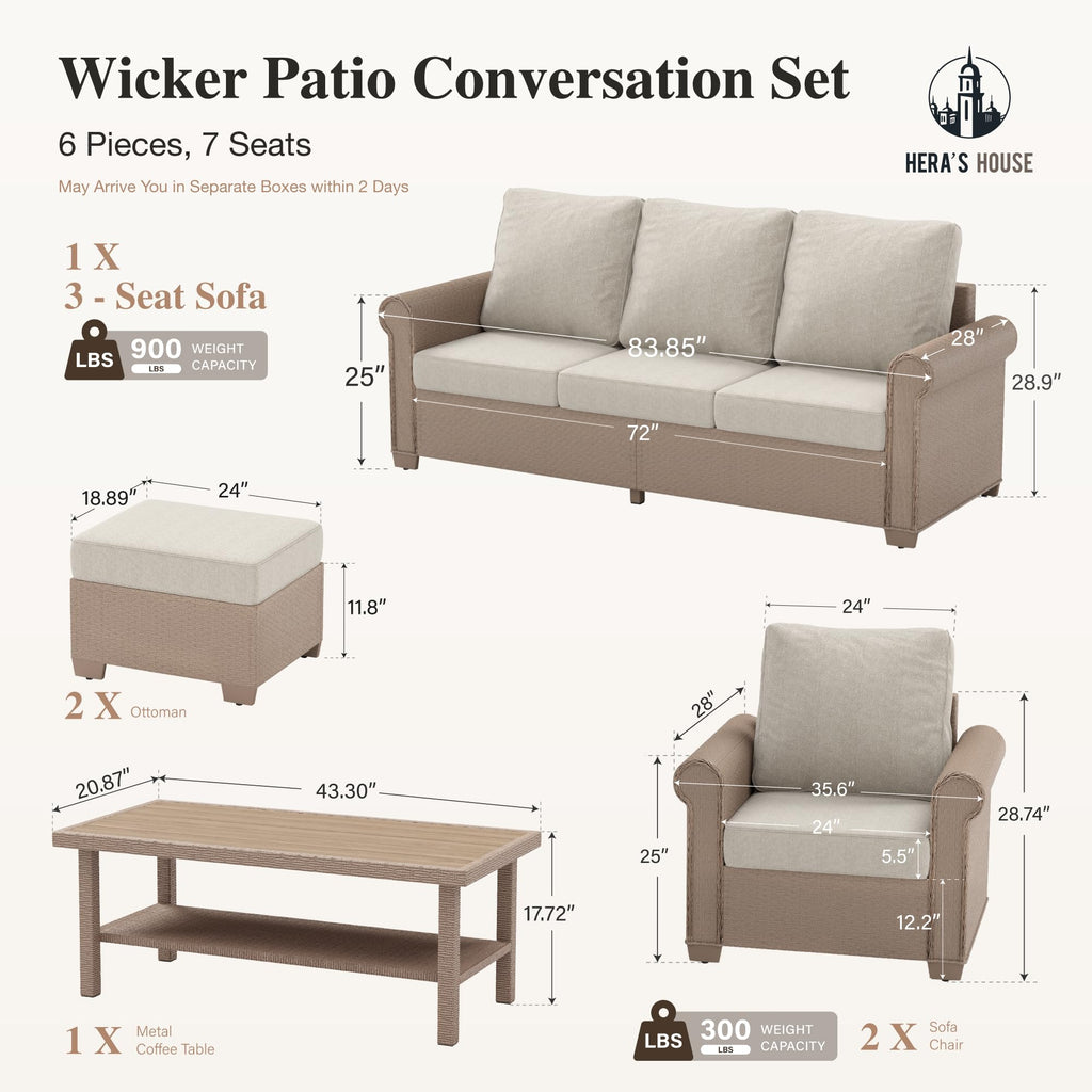 6-Piece Patio Furniture Set, All Weather 7 Seats Outdoor Wicker Sofa with Ottomans, Rattan Patio Conversation Set with 5.5" Cushions and 44" Coffee Table, Beige
