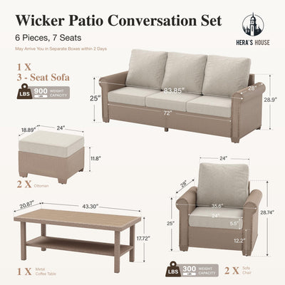 6-Piece Patio Furniture Set, All Weather 7 Seats Outdoor Wicker Sofa with Ottomans, Rattan Patio Conversation Set with 5.5