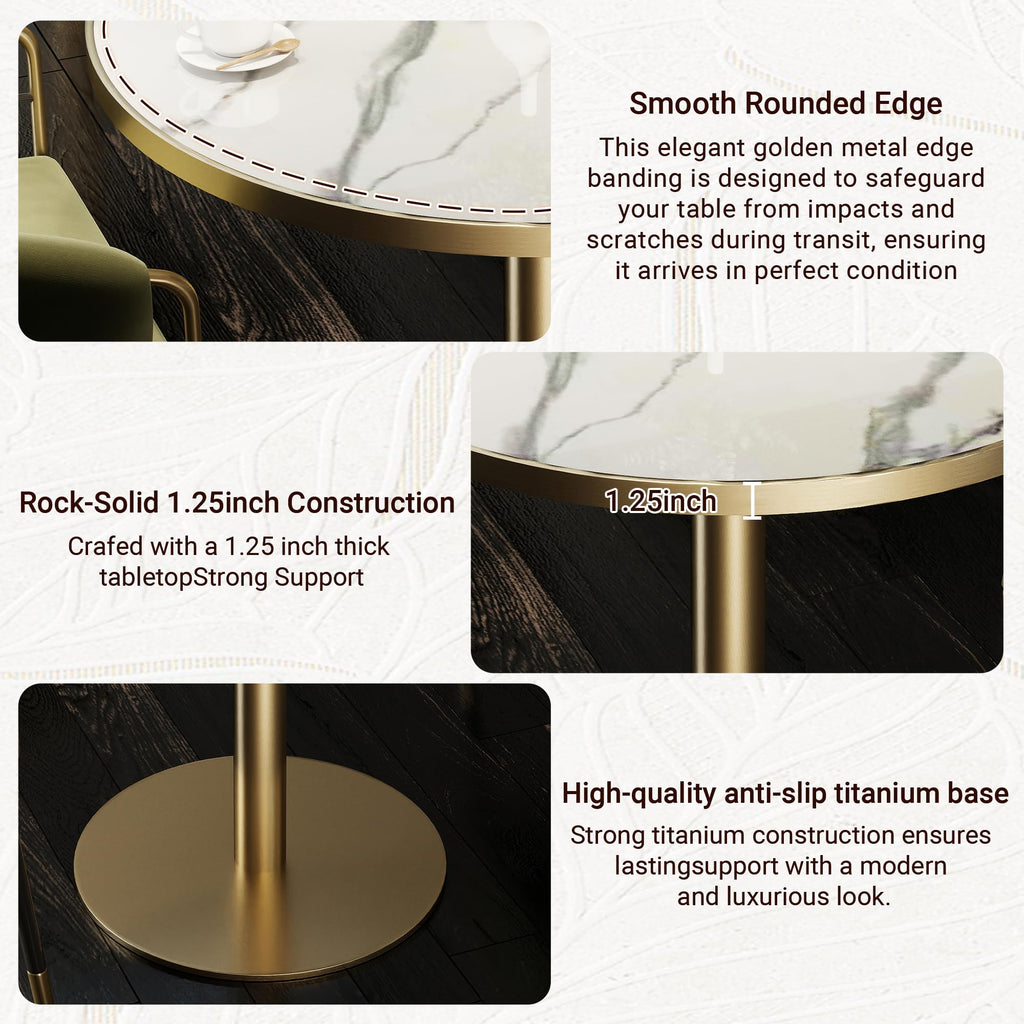31.5" Tulip Table,Round Kitchen Dining Table for 2-4 with Thick Sintered Stone Top,Titanium Golden Pedestal Base,Heat-Resistant,Bistro Table for Dining Room,Café,Small Space（Flowing Traces）