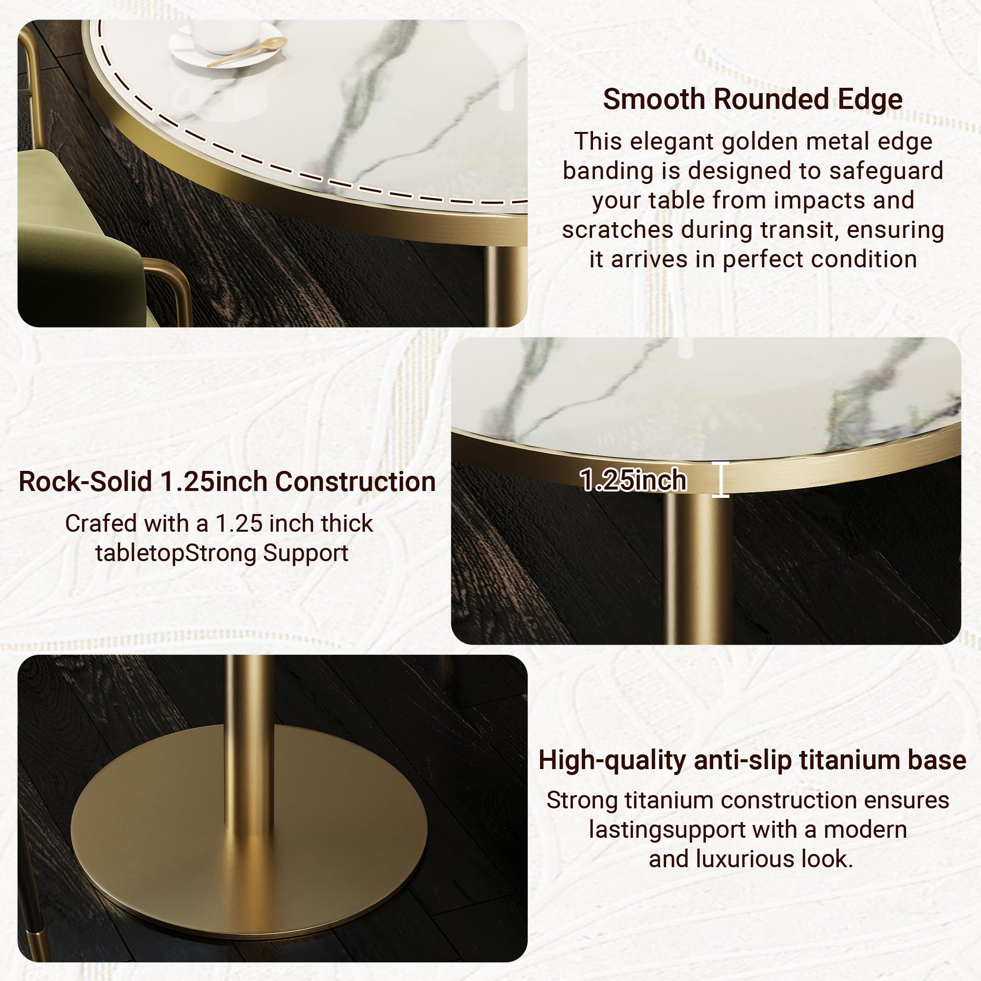 31.5" Tulip Table,Round Kitchen Dining Table for 2-4 with Thick Sintered Stone Top,Titanium Golden Pedestal Base,Heat-Resistant,Bistro Table for Dining Room,Café,Small Space（Flowing Traces）