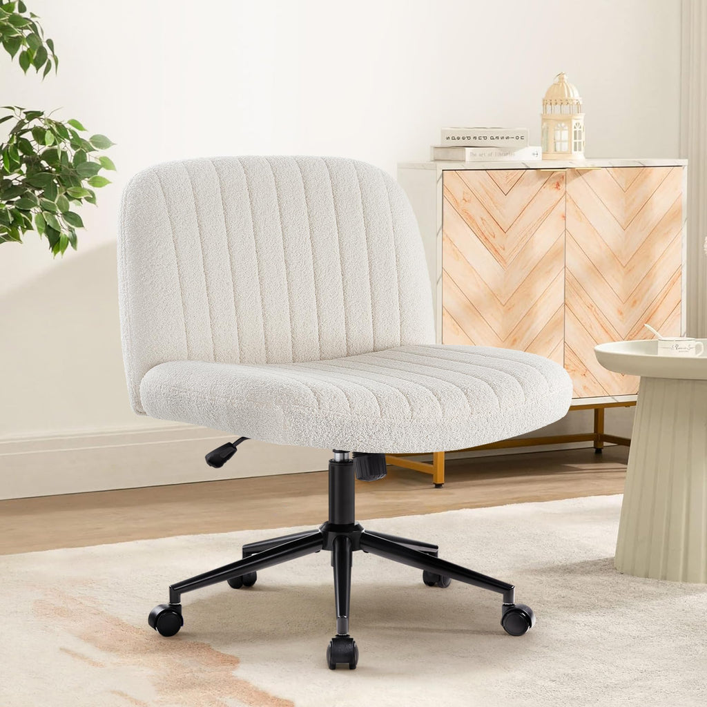 Criss Cross Chair Cross Legged Office Chair with Wheels Armless Wide Seat Desk Chairs Height Adjustable Computer Task Chairs Swivel Vanity Chair for Home Office Bedroom Make Up Teddy Fabric White