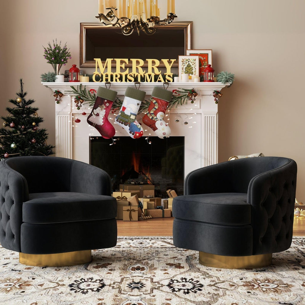 Set of 2 Black Modern Accent Chairs, Swivel Barrel Armchairs for Living Room, Button Tufted Velvet Comfy Chair, Round Upholstered Single Sofa Seating with Gold Base