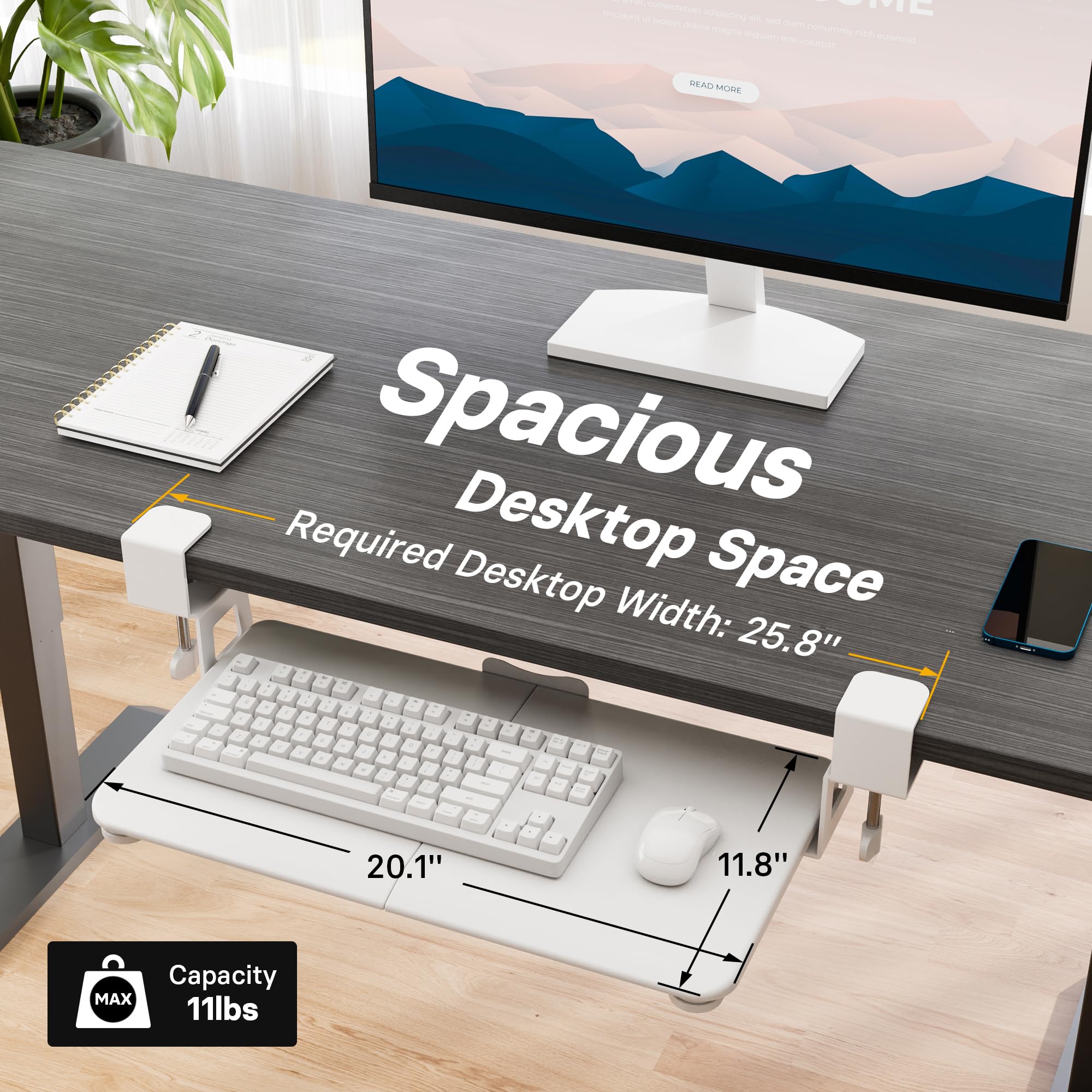 KMT01-PJ Under Desk Keyboard Tray, Pull-Out Keyboard & Mouse Platform with C-Clamp, 20 x 11.8 in Space-Saving Ergonomic Slide-Out Drawer, White