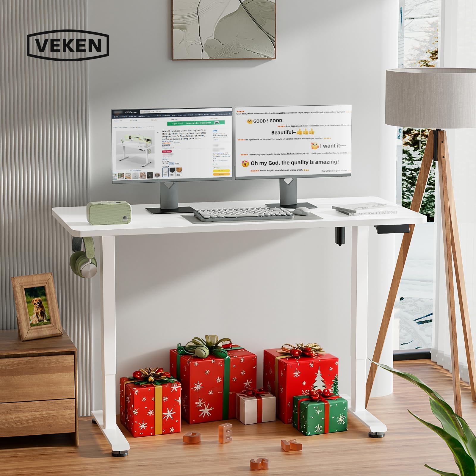 55 Inch Large Electric Standing Desk,Sit to Stand Up, Heights Adjustable, Work Home Office Computer Table for Study, Walking Pad, Writing, and Games, Wooden Desktop Desks, White