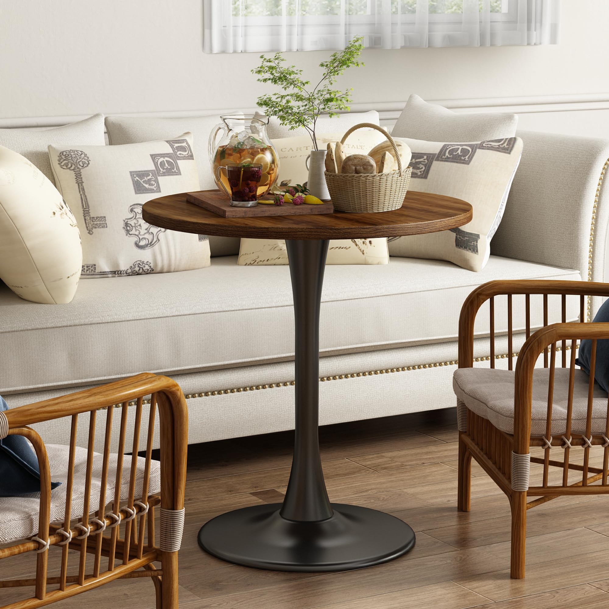 Round Dining Table 27.5" Circle Tulip Table with Wood Thickened Tabletop & Sturdy Metal Pedestal Mid Century Modern Farmhouse Kitchen Tables for 4 Small Places Living Room Cafe,Somber Walnut