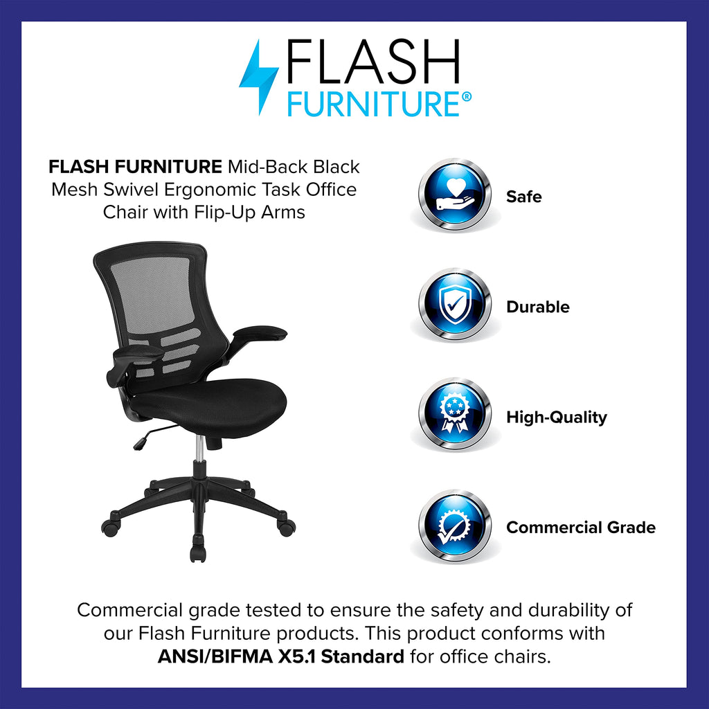 Set of 4 Mid-Back Swivel Ergonomic Task Office Chairs with Flip-Up Arms, Black Mesh