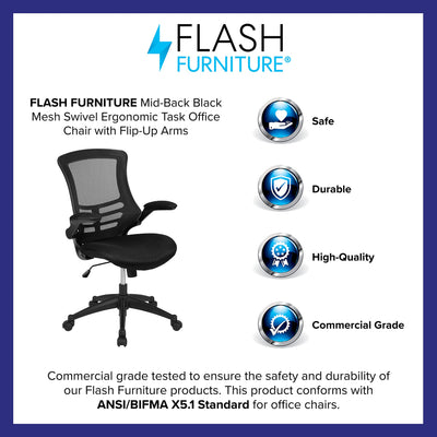 Set of 4 Mid-Back Swivel Ergonomic Task Office Chairs with Flip-Up Arms, Black Mesh