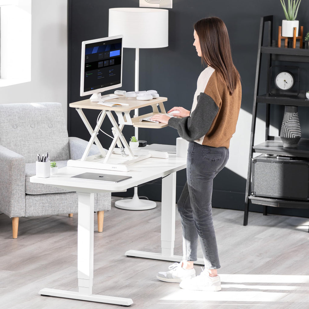 26 inch Desk Converter, K Series, Height Adjustable Sit to Stand Riser, Dual Monitor and Laptop Workstation with Keyboard Tray, Light Wood Top, White Frame, DESK-V026KF