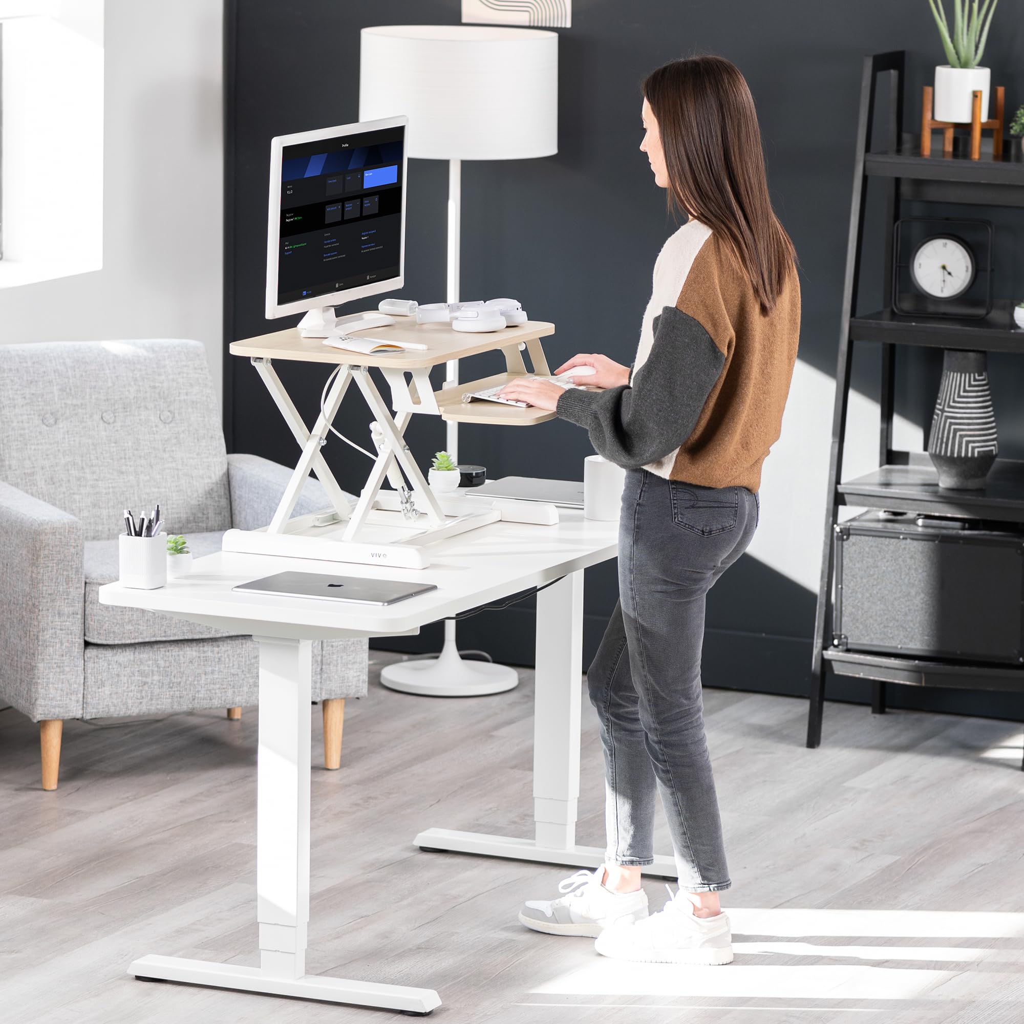 26 inch Desk Converter, K Series, Height Adjustable Sit to Stand Riser, Dual Monitor and Laptop Workstation with Keyboard Tray, Light Wood Top, White Frame, DESK-V026KF