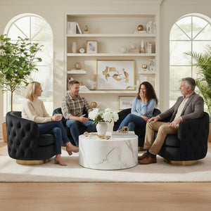 Black Modern Accent Chair, Swivel Barrel Armchair for Living Room, Button Tufted Velvet Comfy Chairs, Round Upholstered Single Sofa Seating with Gold Base