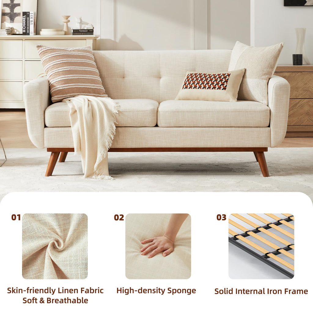 65.2" W Loveseat Sofa, Mid Century Modern Decor Love Seat Couches for Living Room, Button Tufted Upholstered Furniture, Easy to Install Small Couch for Bedroom Office Apartment, Cream White
