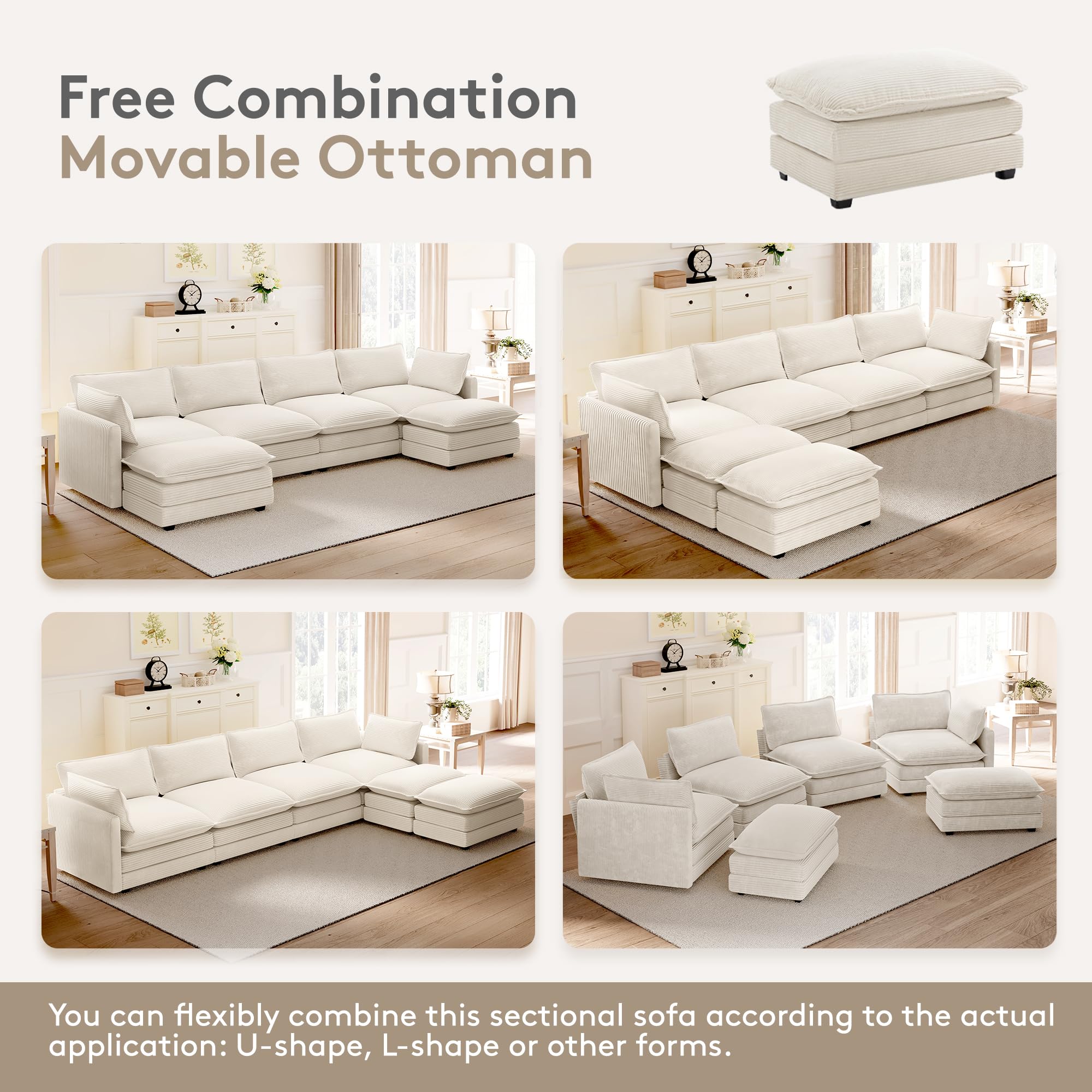 148'' Sectional Cloud Couch with 2 Ottomans, Oversized 4 Seat Sleeper Sofa with 2 Throw Pillows, Convertible Upholstered U Shaped Cozy Sofa Furniture Set for Living Room and Office, Beige