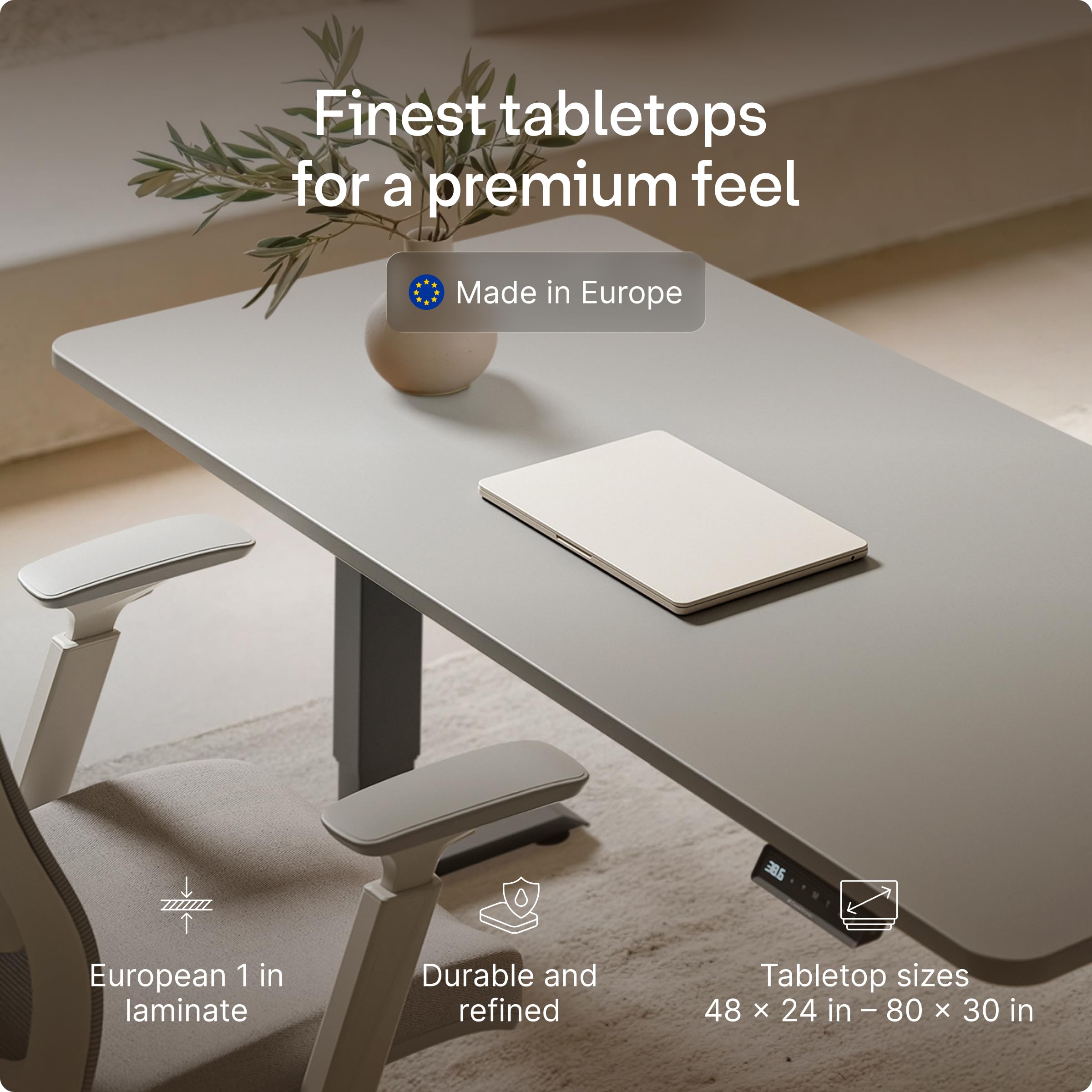 HomePro Standing Desk 54x28 — Made in Europe, Ergonomic Sit Stand Home Office Desk, Electric Height Adjustable, Dual Motor, USB & USB-C Charging, Wobble-Free, Touchscreen, 3 Memory Presets