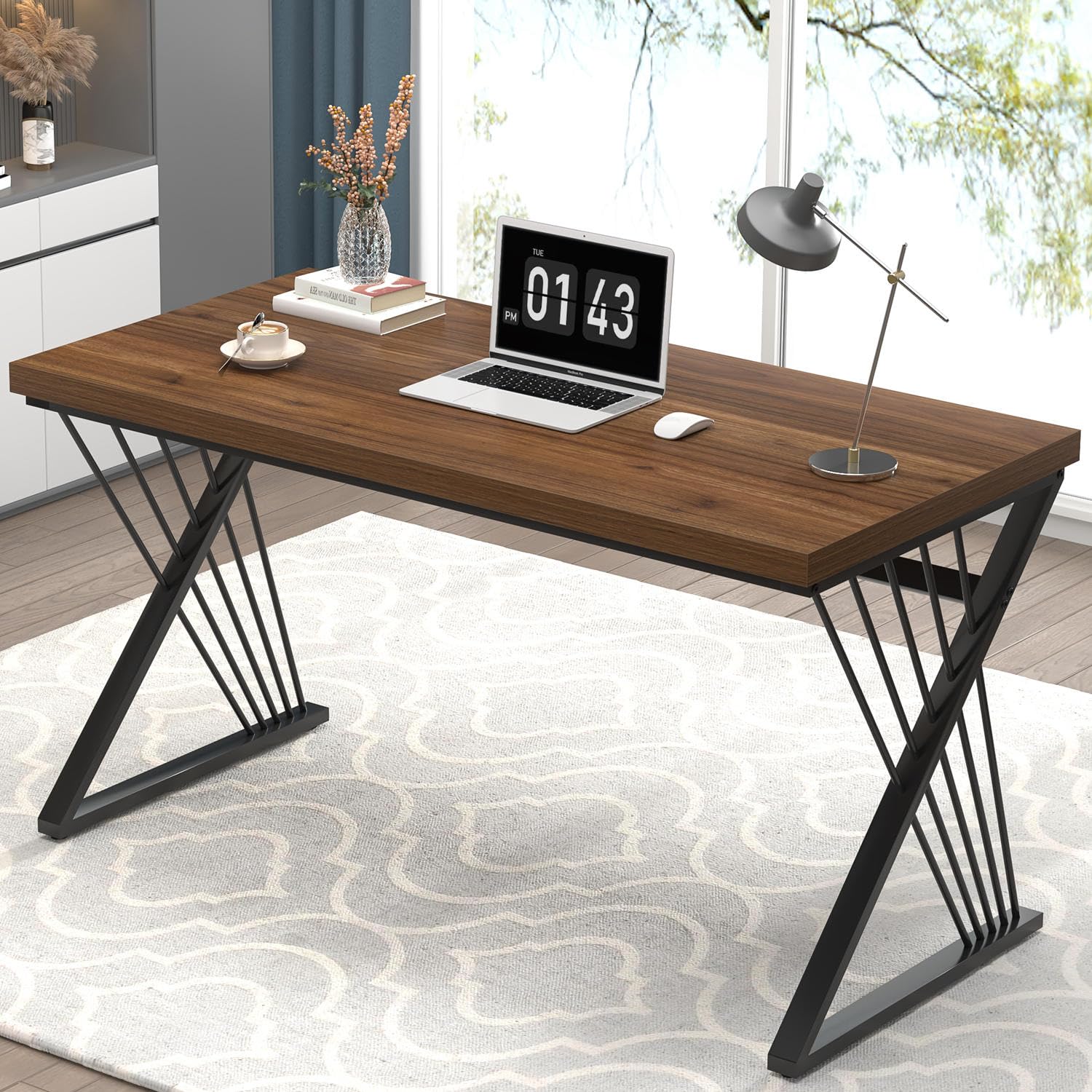Computer Desk for Home Office Workstation, Modern Writing Study Work Table, PC Gaming Table for Bedroom Living Room, Rustic Walnut, 53 Inch