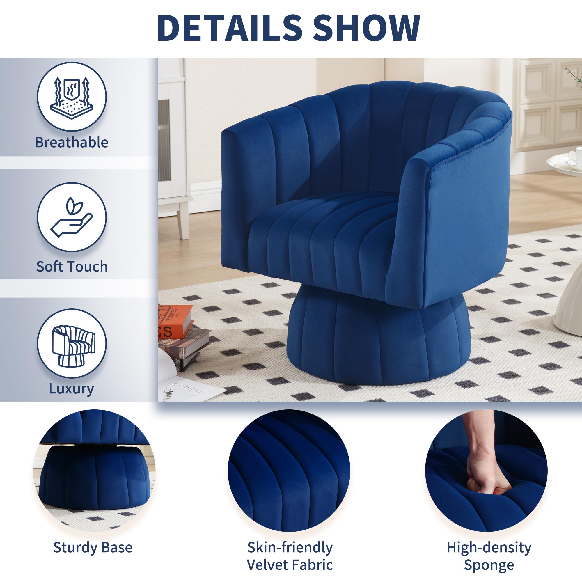 Swivel Accent Barrel Chair Set of 2- Cute Comfy Small Round Arm Chair Velvet Sofa Club Reading Chair for Living Room Bedroom Dark Blue