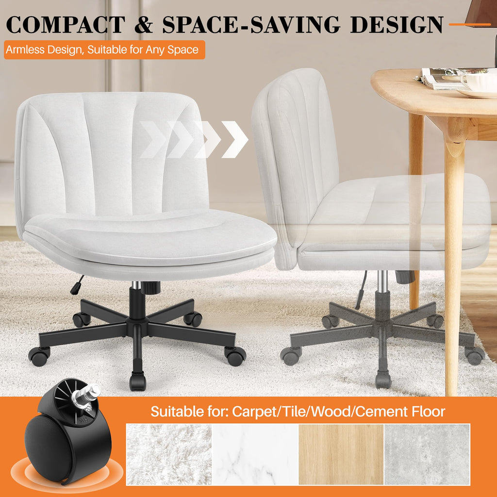 Criss Cross Chair with Wheels, Cross Legged Office Chair, Armless Wide Vanity Desk Chair with Comfty Velvet & Back - Swivel Height Ajustable for Home Office Bedroom, Pearl White Velvet