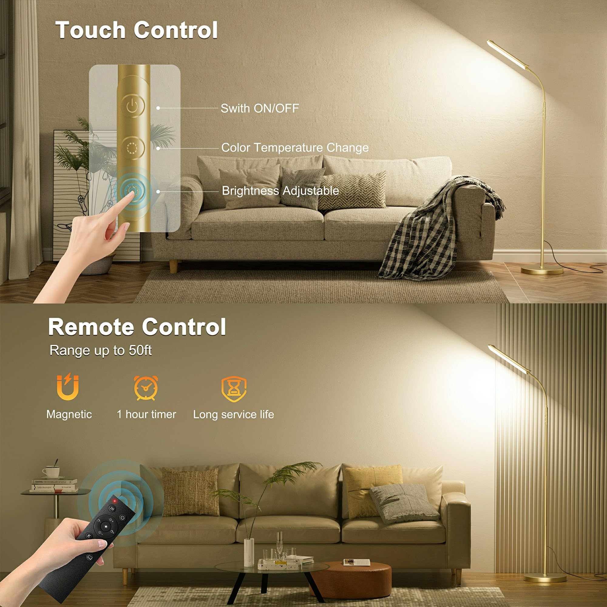 Dimmable LED Floor Lamp, Super Bright Reading Lamps Floor Standing lamp with Remote & Touch Control, Stepless Dimming & 2700K-6500K Color Temperature, for Living Room Bedroom Office, Gold