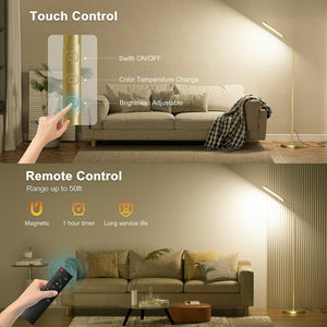 Dimmable LED Floor Lamp, Super Bright Reading Lamps Floor Standing lamp with Remote & Touch Control, Stepless Dimming & 2700K-6500K Color Temperature, for Living Room Bedroom Office, Gold