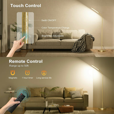 Dimmable LED Floor Lamp, Super Bright Reading Lamps Floor Standing lamp with Remote & Touch Control, Stepless Dimming & 2700K-6500K Color Temperature, for Living Room Bedroom Office, Gold