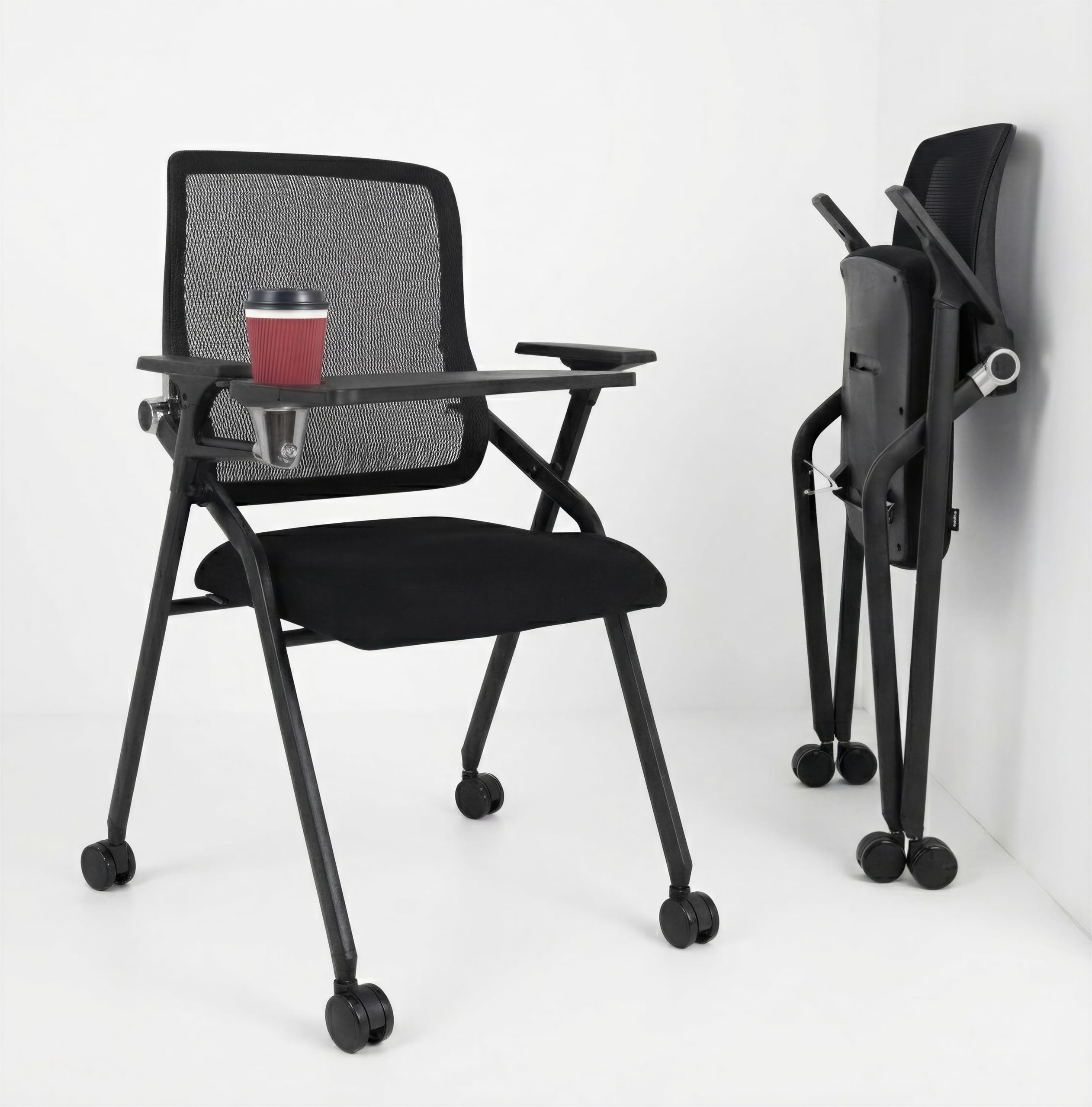 Updated Conference Room Chairs with Tablet Arm, Folding Office Desk Chair with Lumbar Support and Sliding Armrest with Casters, Stackable Office Guest Chairs & Reception Chairs, 1 Pack Black