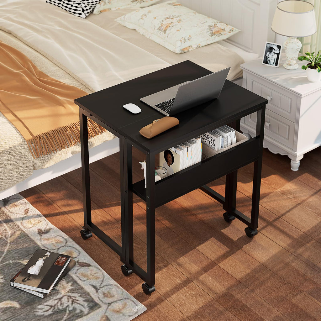 Folding Desk with Wheels, 24.8 Inch Compact Rolling Computer Table with Storage Shelf, Portable Mobile Workstation for Small Spaces, Easy Assembly, Black