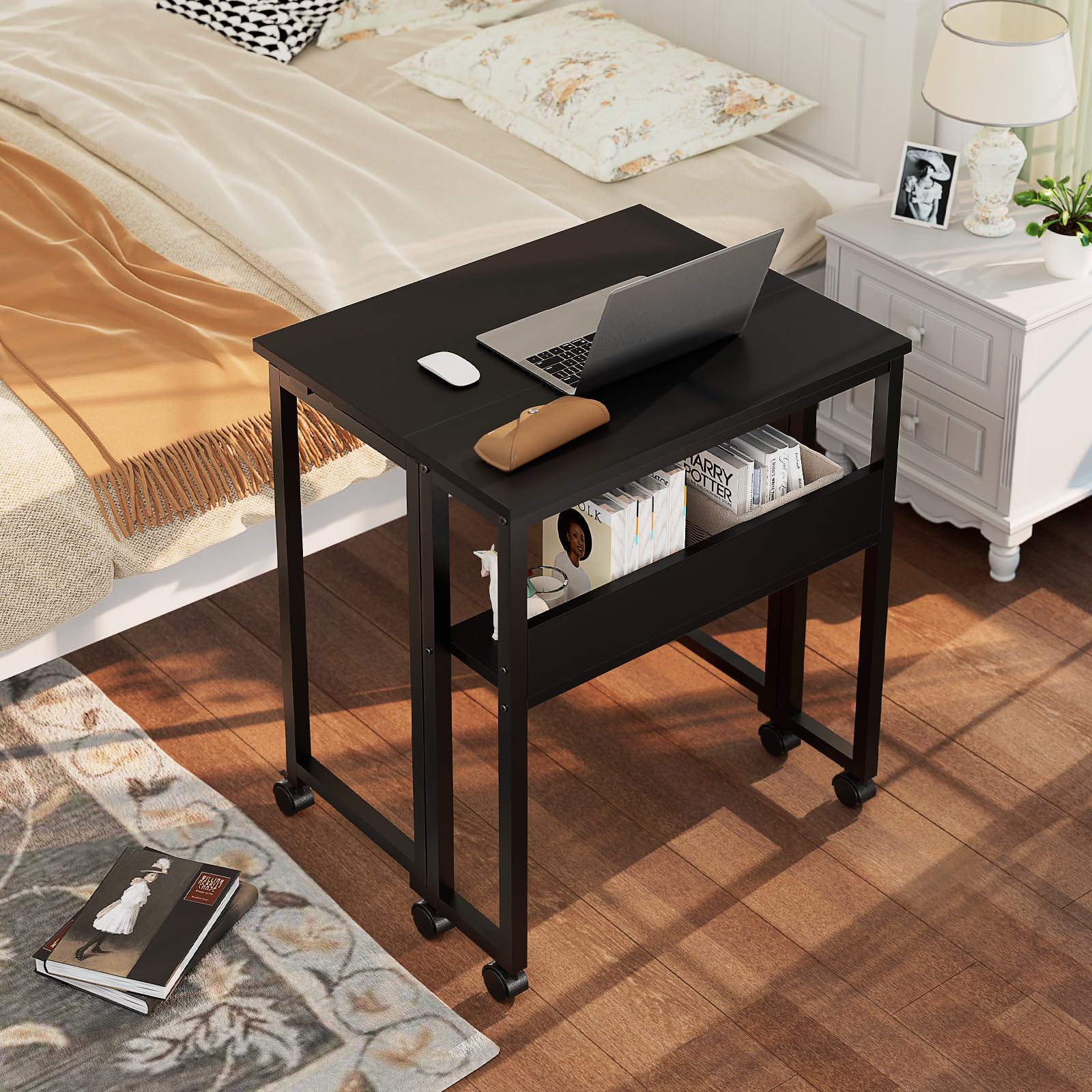 Folding Desk with Wheels, 24.8 Inch Compact Rolling Computer Table with Storage Shelf, Portable Mobile Workstation for Small Spaces, Easy Assembly, Black