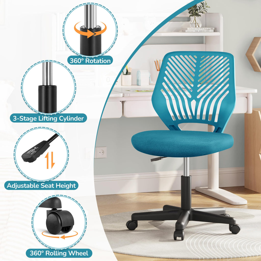 Kids Cute Office Chair Low-Back Armless Study Chair w/Lumbar Support Adjustable Height for Children in Bedroom School, Turquoise