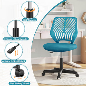 Kids Cute Office Chair Low-Back Armless Study Chair w/Lumbar Support Adjustable Height for Children in Bedroom School, Turquoise