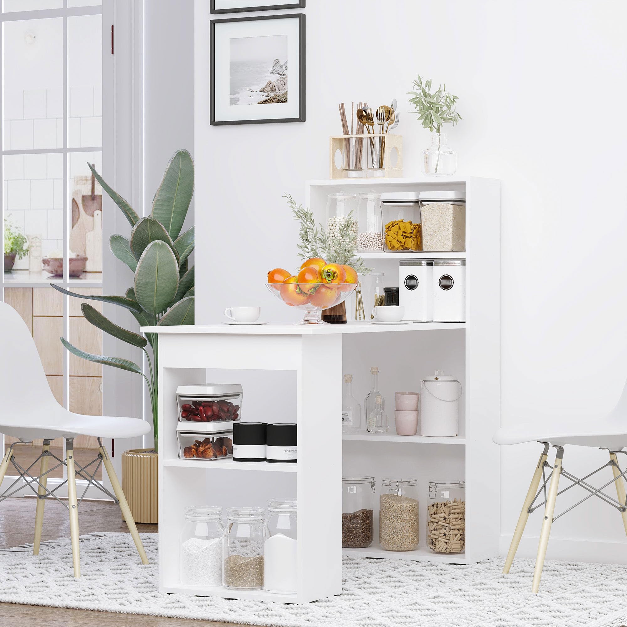 Modern Home Office Desk with 6-Tier Storage Shelves, 47" Writing Desk with Bookshelf, White