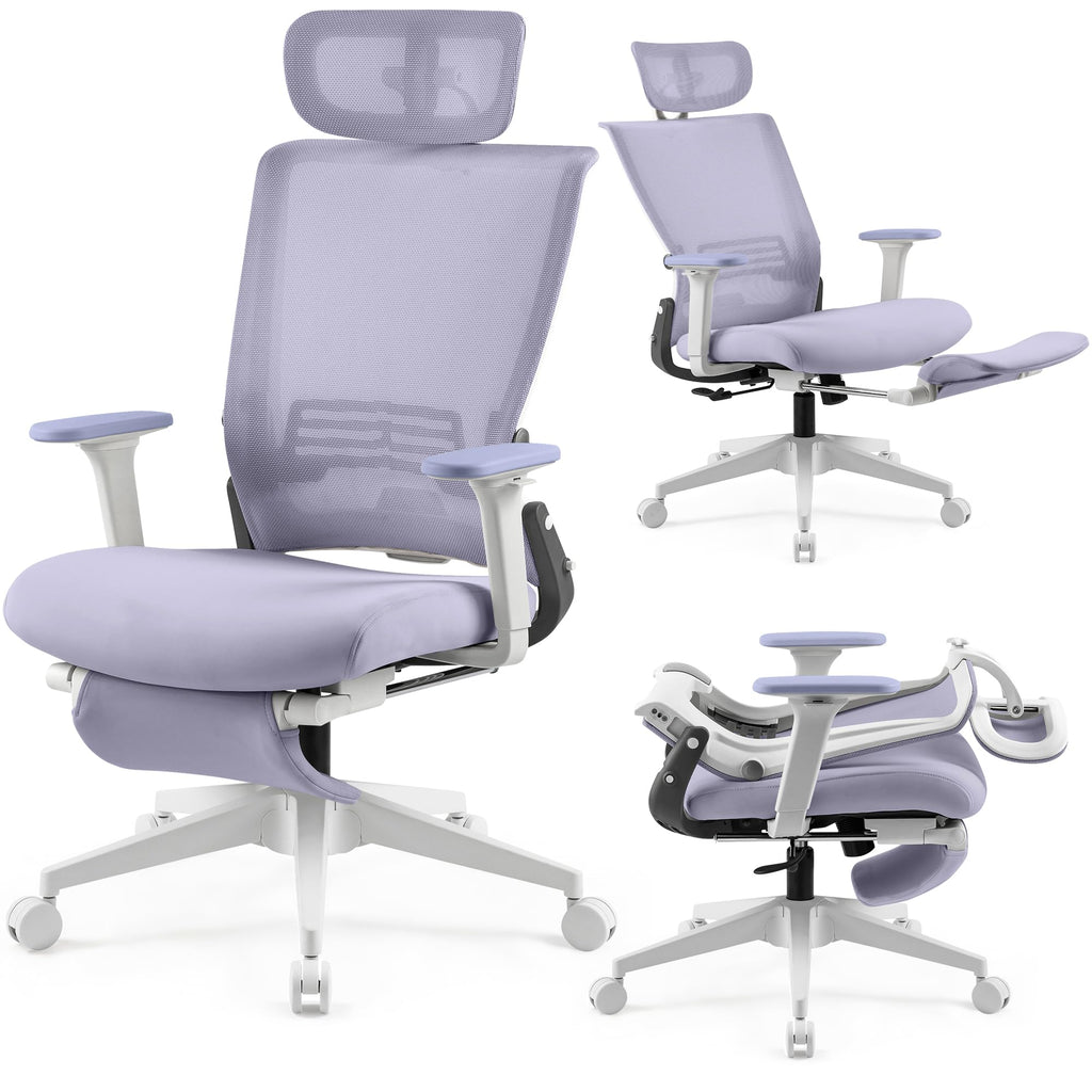 Foldable Office Chair with Foot Rest, Ergonomic Office Chair with Adjustable Lumbar Support, Headrest, Armrest, Home Office Desk Chair for Space Saving, Work from Home, Purple