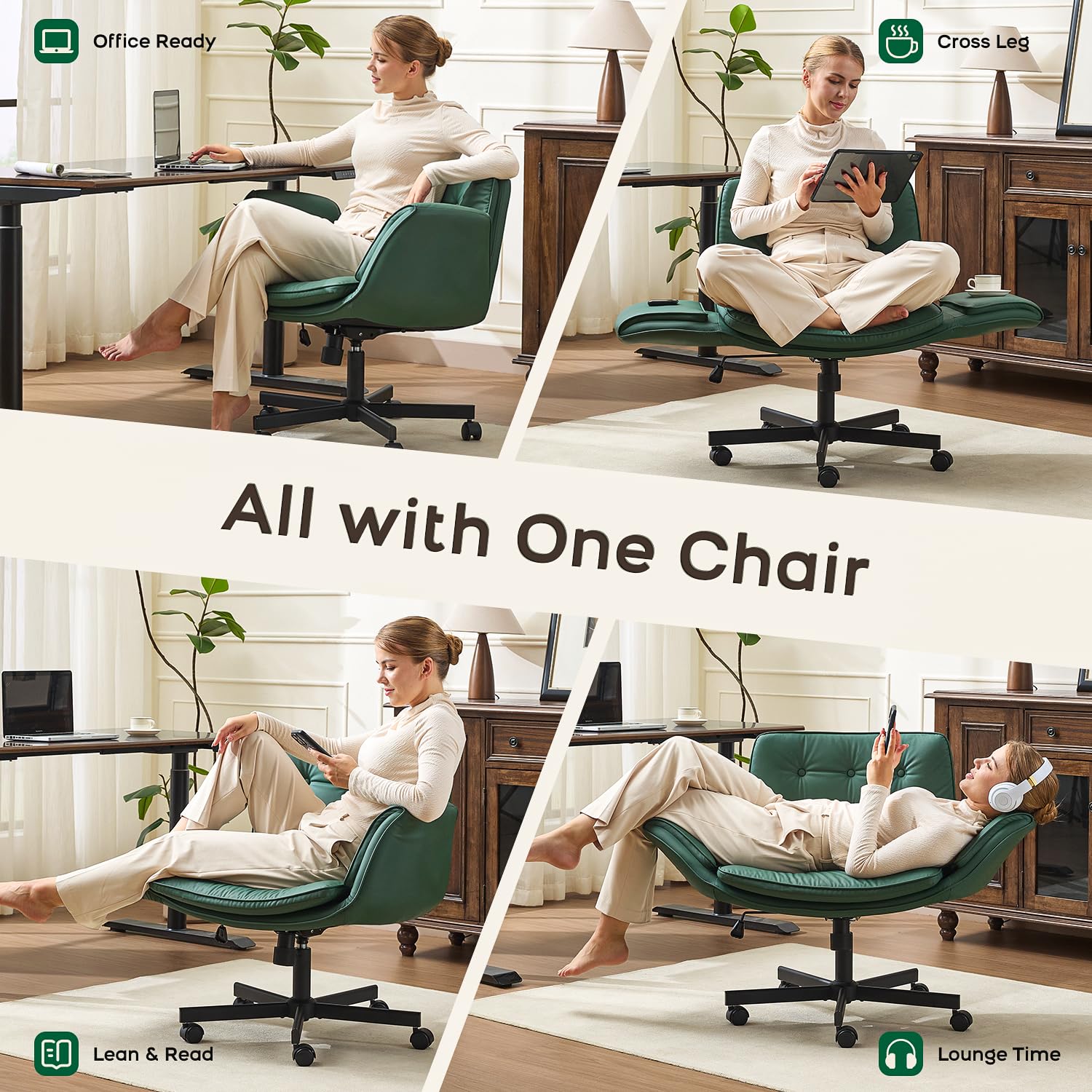 Criss Cross Office Chair, PU Leather Vanity Chair with 5-Level Adjustable Armrests & Swivel, Ergonomic Criss Cross Chair for Home Office Bedroom Makeup（Green）