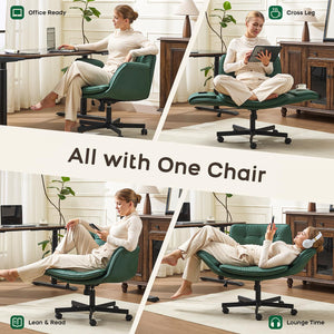 Criss Cross Office Chair, PU Leather Vanity Chair with 5-Level Adjustable Armrests & Swivel, Ergonomic Criss Cross Chair for Home Office Bedroom Makeup（Green）