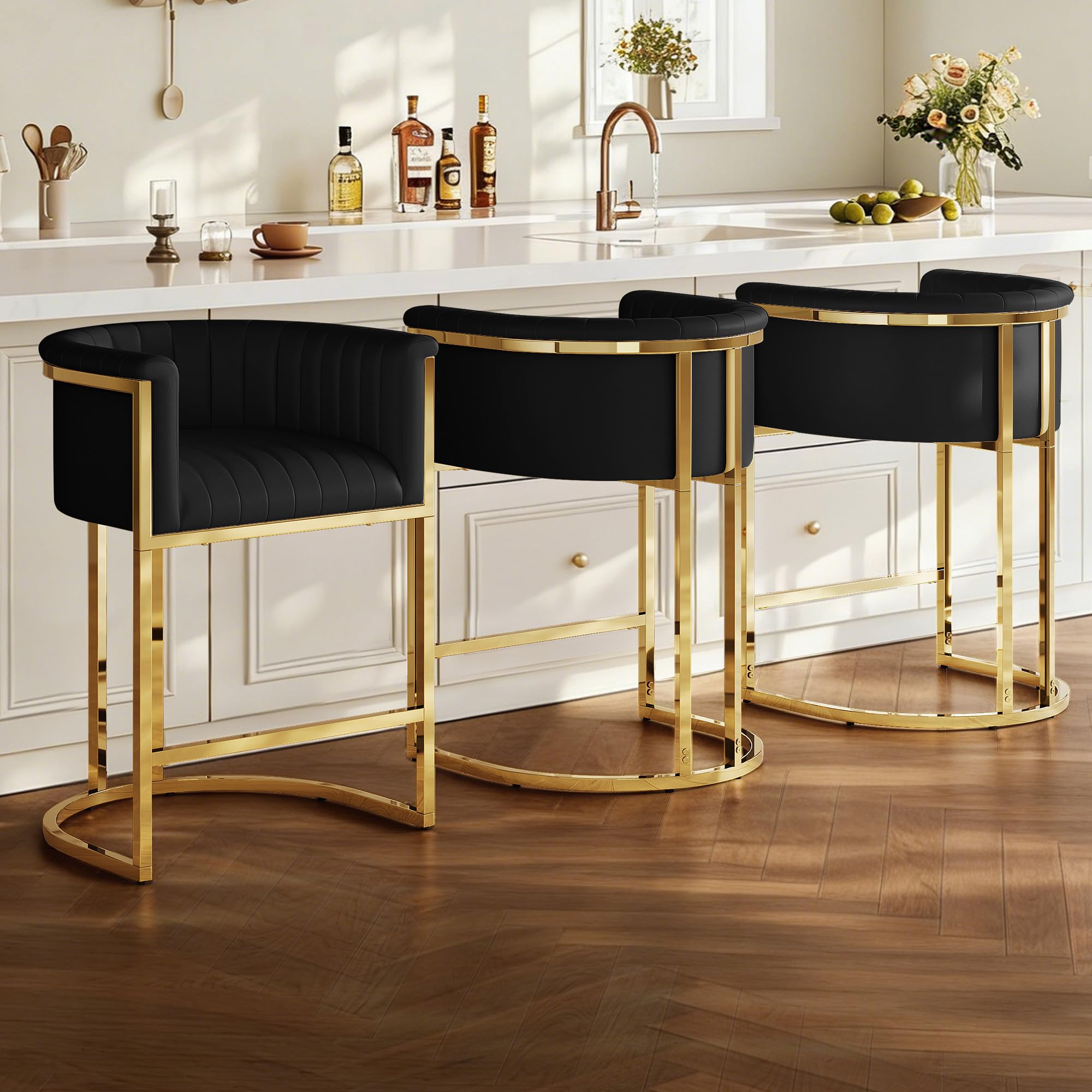 Modern Counter Height Bar Stools,Bar Stools Set of 3,PU Leather Upholstered Barrel Barstools with Backs and Arms,26'' Kitchen Island Chairs,Mirror Champagne Gold Base,Ink Black Leather